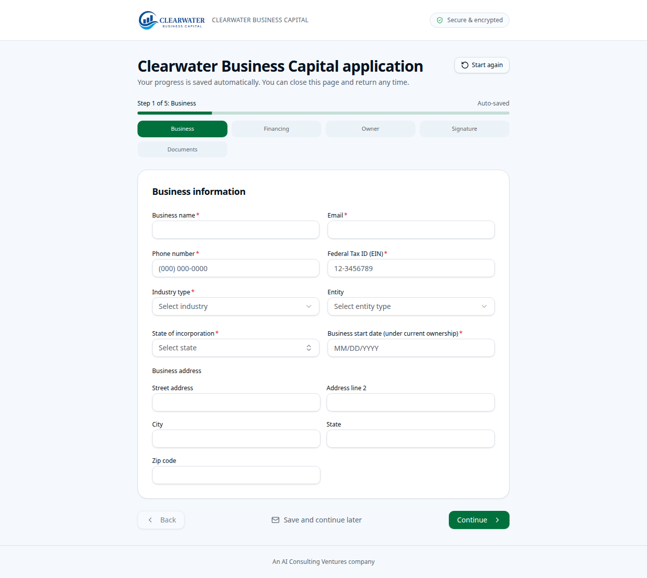 Empty first step of the client application, business information
