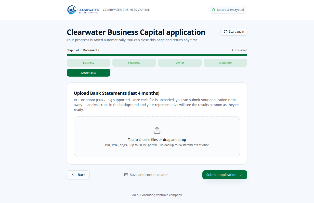 Empty bank statement upload step of the client application