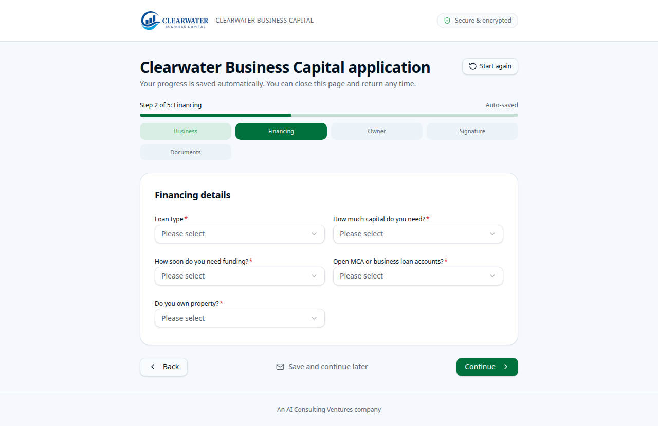 Empty financing step of the client application
