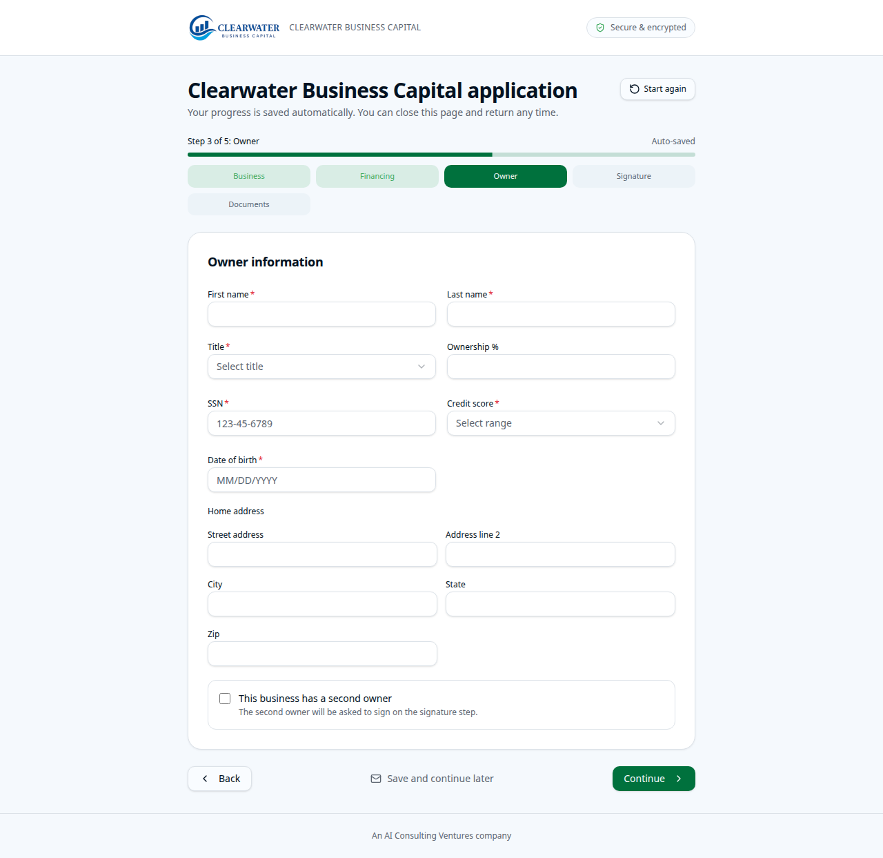 Empty owner step of the client application