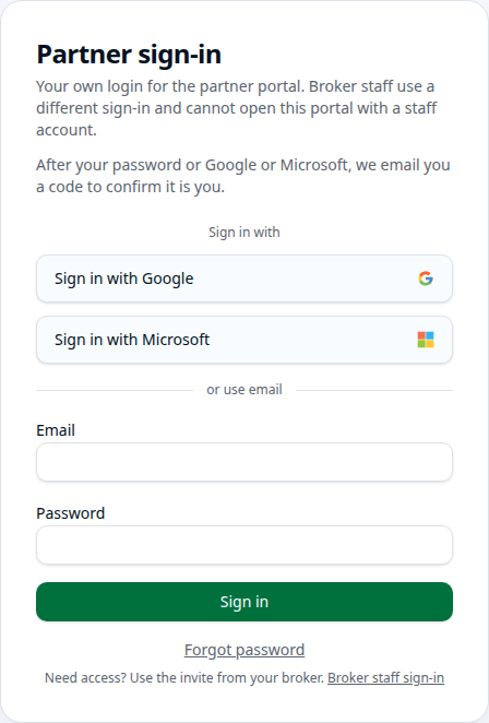 Partner sign-in page with Google, Microsoft, and email and password