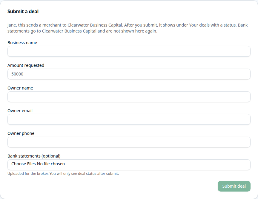 Empty submit-a-deal form with an optional bank statement upload