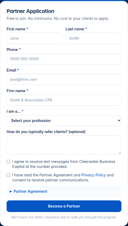 Empty Clearwater partner application form